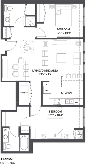 Floor plan for 2 beds, 2 baths, 1129 sqft